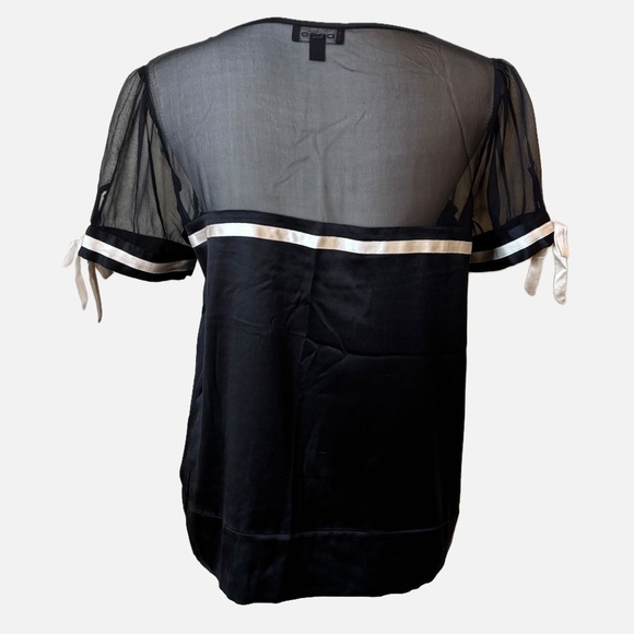 Bebe Y2K Coquette Short Sleeve Silk Blouse Black with Cream Ribbon Detailing - Picture 6 of 14